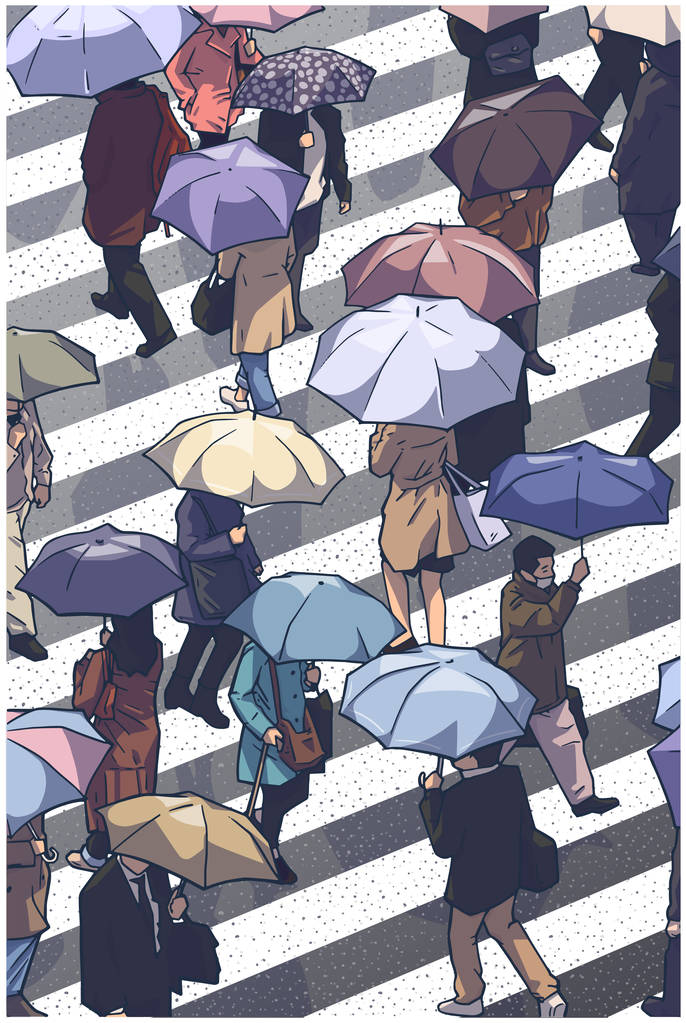热闹的街道交叉与人们在雪地里拿着雨伞的插图 